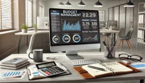 A modern office desk featuring a computer monitor displaying a budget management dashboard with graphs and charts related to PPC spending and campaign performance. The desk includes a calculator, a notebook with budget allocation notes, and a coffee cup. The background shows a neat office environment with large windows letting in natural light.