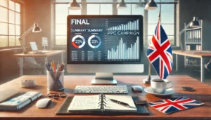 A clean and organised office desk with a computer displaying a summary dashboard of PPC campaign results, showing positive growth metrics. The desk features a British flag, a notebook with handwritten notes, and a cup of coffee. The background is a bright office with large windows, allowing natural light to illuminate the workspace.

