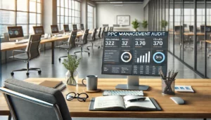 A modern office desk with a computer monitor displaying a detailed PPC management audit dashboard, including metrics, charts, and potential issues. The desk also features a notebook, pen, and a cup of coffee, with a bright and organised office background filled with natural light.