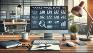 A modern office desk with a computer monitor displaying a detailed keyword performance dashboard, highlighting issues such as high impressions with low click-through rates (CTR) and high bounce rates. The desk includes a notebook, pen, and coffee cup. The background features a bright office with large windows, emphasising the importance of reviewing and optimising keyword targeting.