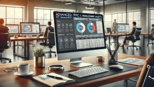 A modern office desk with a computer monitor displaying a PPC dashboard focused on demographic targeting, including age, gender, and device type. The workspace includes a notebook, pen, and coffee cup, with a professional office environment in the background, featuring large windows and natural light.