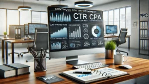 A modern office desk with a computer monitor displaying key PPC metrics, including click-through rates (CTR), conversion rates, and cost per acquisition (CPA). The dashboard shows various performance charts and trends. The workspace includes a notebook, pen, and coffee cup, with a bright, professional office environment in the background.