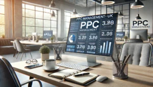 A modern office desk with a computer monitor displaying a detailed PPC management dashboard, highlighting various metrics and campaign performance. The desk is organised with a notebook, pen, and coffee cup. The background features a professional office environment with large windows, filled with natural light.