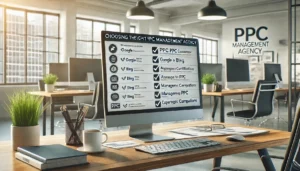 A modern office desk featuring a computer monitor displaying a checklist of certifications and credentials for evaluating a PPC management agency. The desk includes documents and a coffee cup, set in a professional office environment with large windows and natural light.