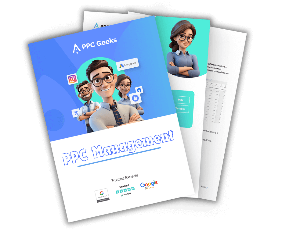 A promotional brochure for PPC Geeks showcasing their PPC Management services. The cover features animated characters representing experts in PPC, along with icons for Google Ads, Facebook, and Instagram. The brochure is partially open, revealing additional pages with text and data charts.