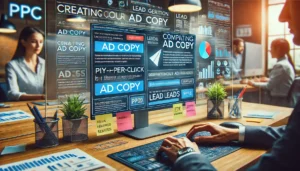 A vibrant digital workspace featuring a close-up of a computer screen displaying an ad creation interface, highlighting the collaborative effort of a PPC agency focused on lead generation.