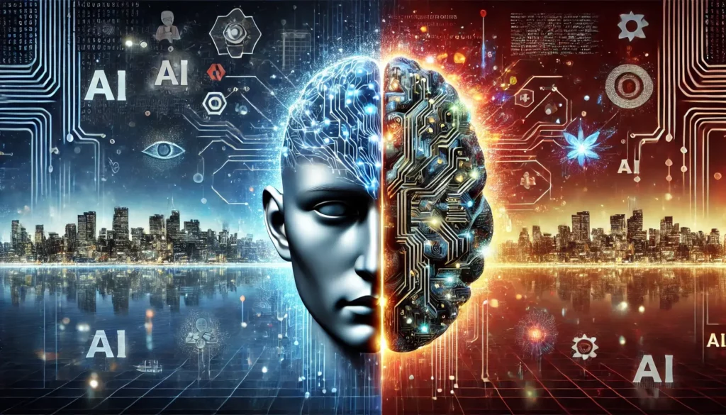 A stylized human brain morphing into a digital network, questioning "Is AI Dangerous?" with contrasting symbols of innovation and ominous warning signs, highlighting the ethical dilemmas of AI.