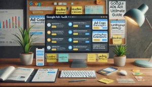 A digital workspace dedicated to evaluating ad copy and extensions for a Google Ads audit, showcasing a Google Ads interface with ad copy examples, headlines, and extensions, as outlined in the Google Ads Audit Ultimate Guide.