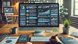 A digital marketer crafting ad copy on a computer screen focused on Search Engine Marketing, emphasising key benefits, pain points, and a strong call-to-action to create effective campaigns.