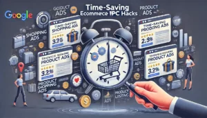 A graphic depicting time-saving Ecommerce PPC Hacks, focusing on the benefits of Google Shopping Ads, highlighting how they showcase products with images, prices, and details directly in search results.