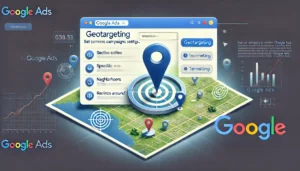 A Google Ads interface showing geotargeting tools with a map highlighting specific locations, illustrating how geotargeting can be used to refine campaigns and reach the right audience.