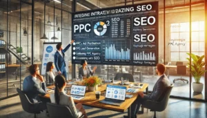 A digital marketing strategy session in a modern office where a team is integrating PPC with SEO, reflecting the synergy created by a PPC agency focused on lead generation.