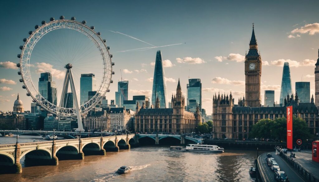 A scenic view of London's iconic landmarks, including the London Eye, Big Ben, and the Shard, along the Thames River under a partly cloudy sky.