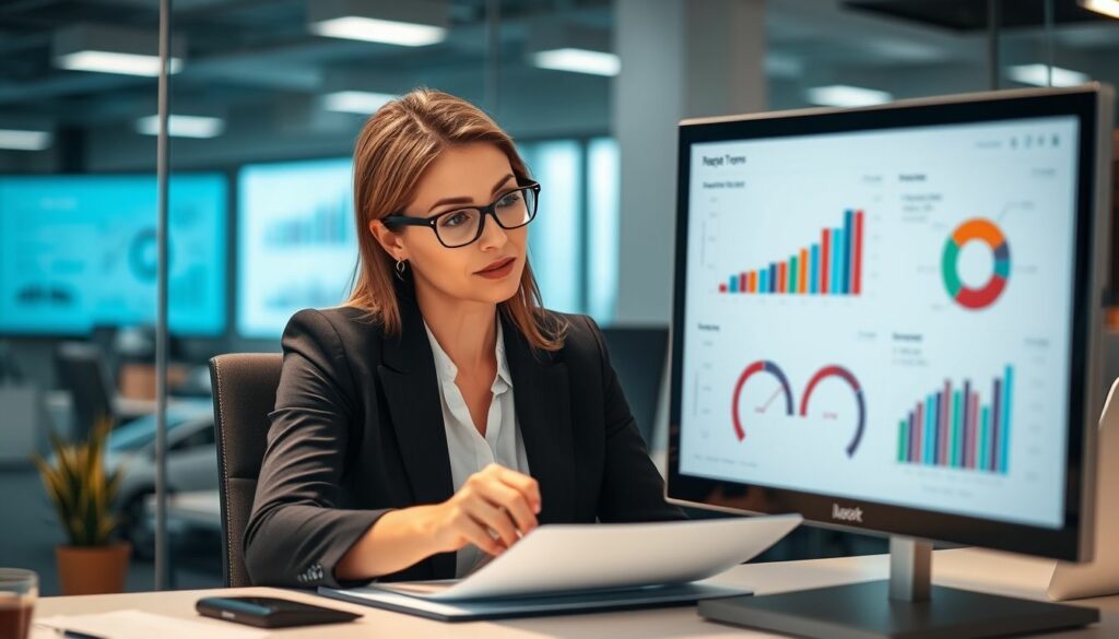 Businesswoman analysing data charts on computer