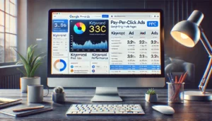 A close-up view of a computer screen showing a Google AdWords dashboard with active PPC campaigns, illustrating how Pay-Per-Click advertising functions as a core element of Search Engine Marketing.