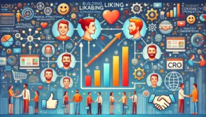 A visual representation showing how the principle of liking can boost CRO, with icons illustrating physical attractiveness, shared interests, and genuine compliments leading to higher conversion rates.