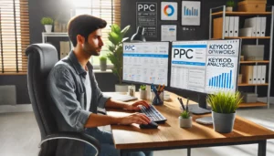 Is Your PPC Not Working Well? A digital marketer is sitting at a desk with dual monitors, actively working on keyword optimization to improve PPC performance.