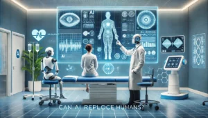 A modern healthcare setting where AI and human doctors collaborate in medical diagnostics, emphasizing the question 'Can AI Replace Humans?' by showing AI enhancing the diagnostic process.