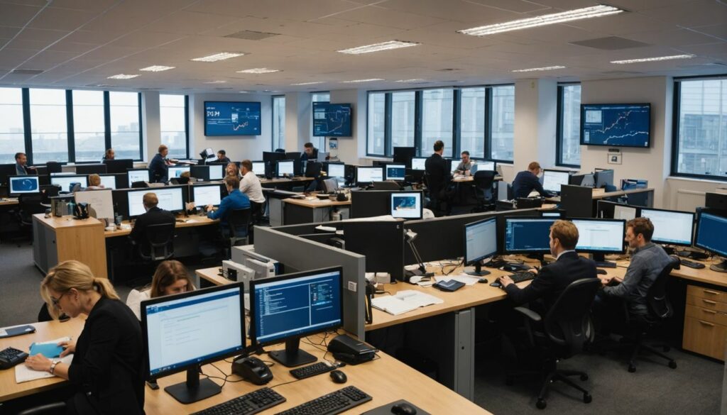 UK office with employees working on PPC campaigns. A busy office environment with multiple employees working at their desks, each equipped with multiple computer monitors. The office space is modern, with large windows allowing natural light to enter. The screens display various data and analytics, indicating a focus on technology and business operations.