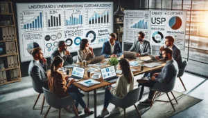 A team of marketers engaging in a discussion around a table covered with charts and laptops, working on understanding customer needs to create a compelling USP.