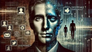 A human face, half-real and half-deepfake, raises the question "Is AI Dangerous?" with a background of social media icons, digital code, and shadowy figures, symbolizing the spread of deepfakes.