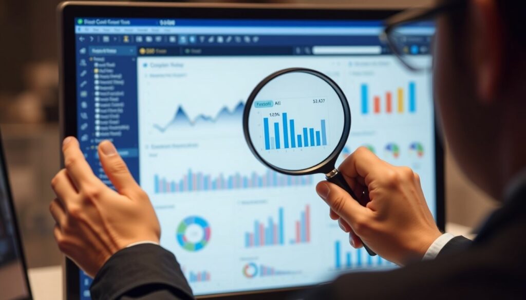 A business professional uses a magnifying glass to closely examine performance data and graphs on a computer screen, highlighting the importance of detailed analysis in optimising digital marketing strategies.