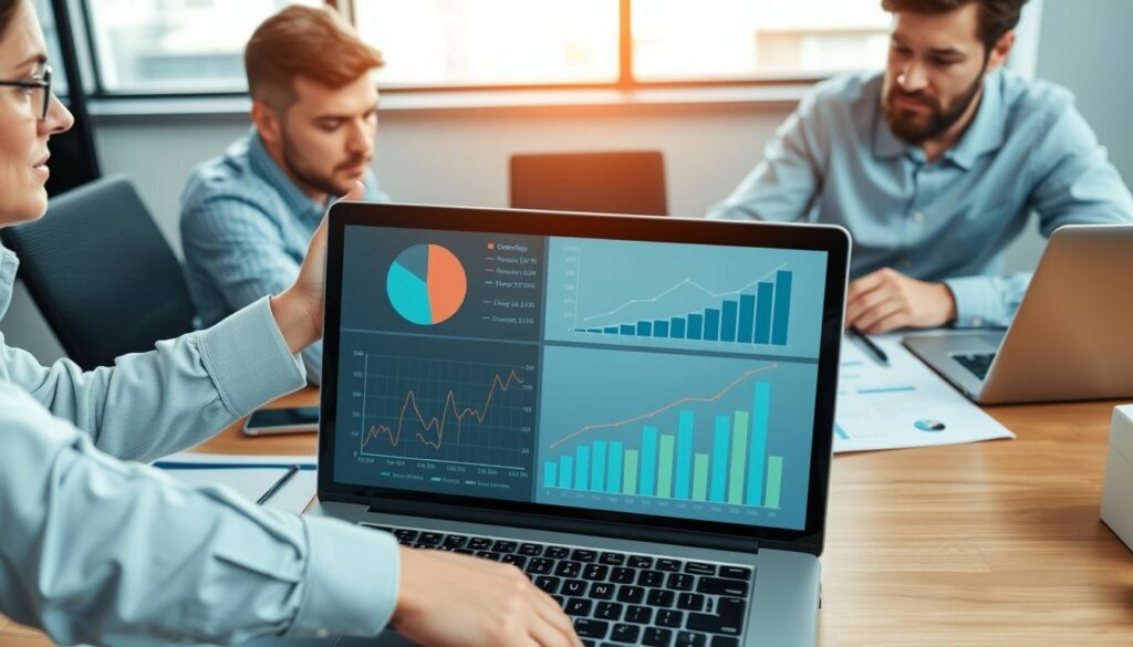 A team of professionals in a modern office setting is reviewing data on a laptop displaying various graphs and charts, indicating performance metrics and growth trends. The focus is on collaborative analysis and strategic planning.