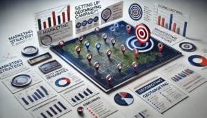 A marketing strategy board showcasing components of a geotargeting campaign, including a map with target icons and graphs illustrating key demographics and objectives.