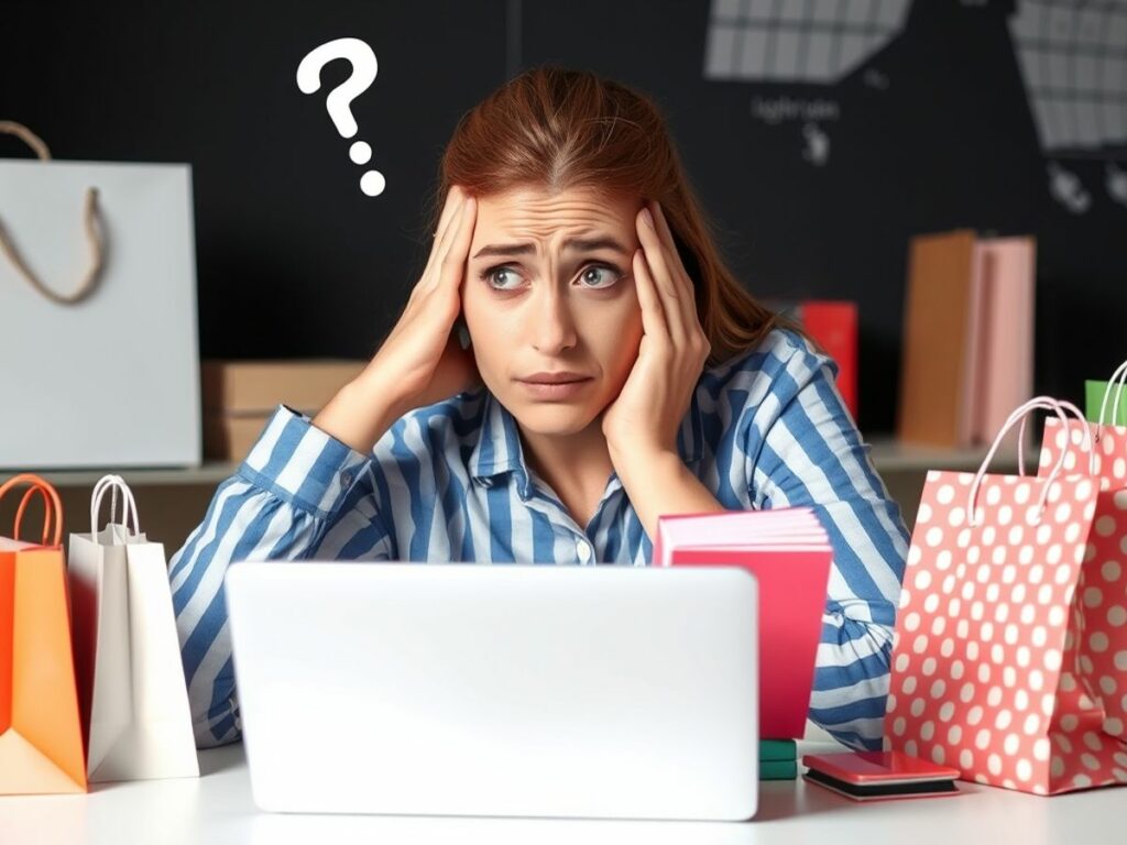 Major Shopping Ads Glitch: A woman sitting at a desk with a laptop, surrounded by shopping bags, looks frustrated and confused, with a question mark above her head.