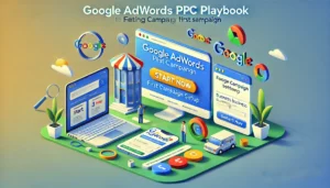 A clear and modern depiction of the Google Adwords PPC Playbook, showing the steps for setting up your first campaign, including account creation and the initial setup process.