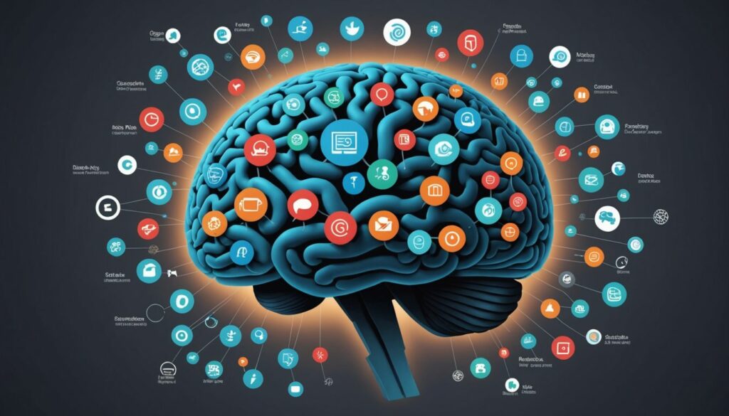 Illustration of a brain surrounded by interconnected icons representing various psychological principles, highlighting CRO hacks and their importance in understanding user behaviour.