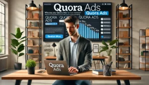 A professional individual setting up Quora Ads on a laptop in a modern, stylish office setting. The background includes a large screen displaying a Quora Ads dashboard, bookshelves, plants, and motivational posters. The person looks focused and strategic, wearing business casual attire.