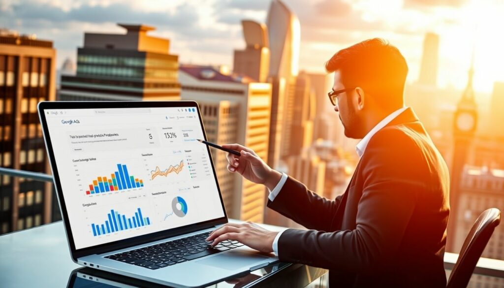 A professional analysing Google Ads performance data on a laptop with a city skyline in the background, representing the strategic evaluation process highlighted in the Google Ads Audit Ultimate Guide.