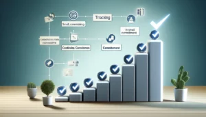 A flowchart depicting the process to boost CRO through consistency and commitment, showing how small, consistent actions lead to larger successes and improved conversion rates.