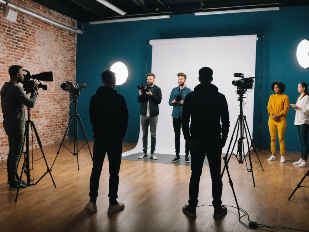 Content creators filming in a vibrant studio. A group of people in a professional studio setting, preparing for a video shoot. The scene includes several cameras on tripods, lighting equipment, and a backdrop. The crew members are positioned around the set, with some handling cameras and others standing by, ready to assist.