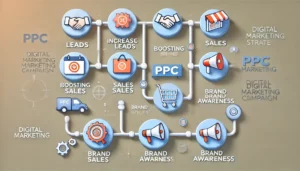 A visual roadmap illustrating how effective PPC marketing can be, highlighting key objectives like increasing leads, boosting sales, and enhancing brand awareness, each represented by distinct icons along a path.