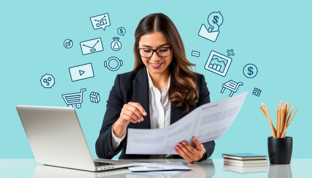 Businesswoman analysing data charts on laptop. A business professional is seated at a desk, reviewing documents with a laptop in front of her. Icons related to digital marketing, ecommerce, and financial growth are displayed in the background, symbolising strategy and analysis.