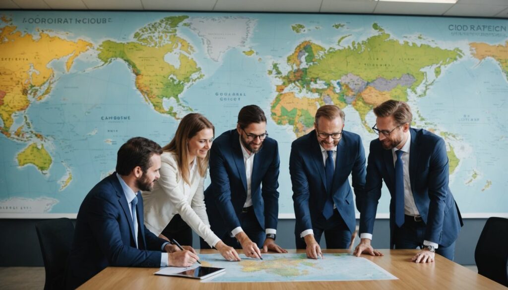 A team of professionals from a PPC eCommerce agency strategizing around a world map, planning international market expansion.