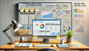 A digital workspace featuring a Google Ads dashboard with a clearly organized account structure, reflecting the principles in the Google Ads Audit Ultimate Guide. The setup includes a whiteboard with a flowchart of campaign structures, post-it notes, and a tablet displaying related data, emphasizing the importance of an efficient account organization.