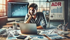 Is Your PPC Not Working Well? A frustrated businessperson sits at a desk cluttered with papers and a laptop, showing an analytics dashboard with declining graph lines.