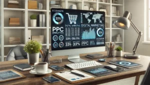 A modern eCommerce office setup with a focus on PPC analytics, showcasing a digital workspace tailored for a PPC eCommerce agency, complete with marketing tools and data.