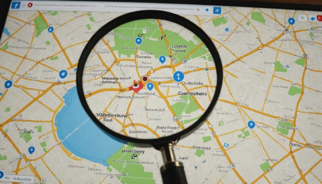 A magnifying glass highlighting a section of a city map, representing the concept of geotargeting in pinpointing specific locations for targeted marketing.