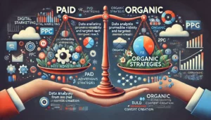 An illustration depicting the integration of paid vs organic growth strategies in digital marketing, showcasing the balance between immediate visibility from paid ads and long-term trust from organic methods.