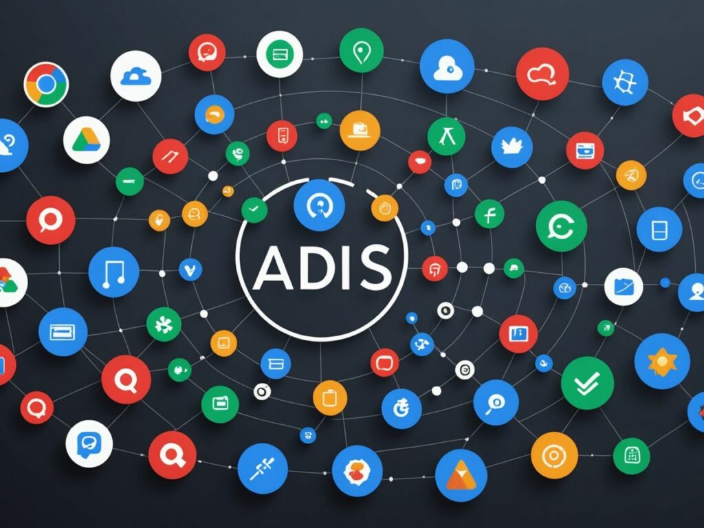 Futuristic interface with Google Ads API v17 icons. A network of interconnected circular icons representing various digital tools and applications surrounding the central text "ADIS." The icons are colourful and depict various functions like search, cloud storage, location services, and more, all connected by lines, indicating a cohesive digital ecosystem.