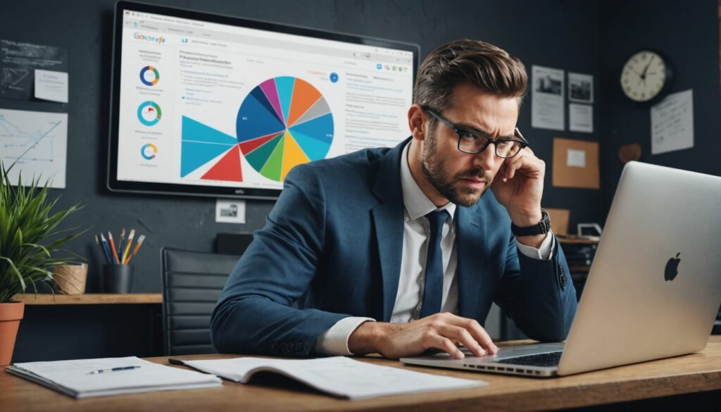 Is Your PPC Not Working Well? A business professional in a suit is focused on his laptop, analyzing a pie chart on a screen in the background, indicating PPC campaign performance.