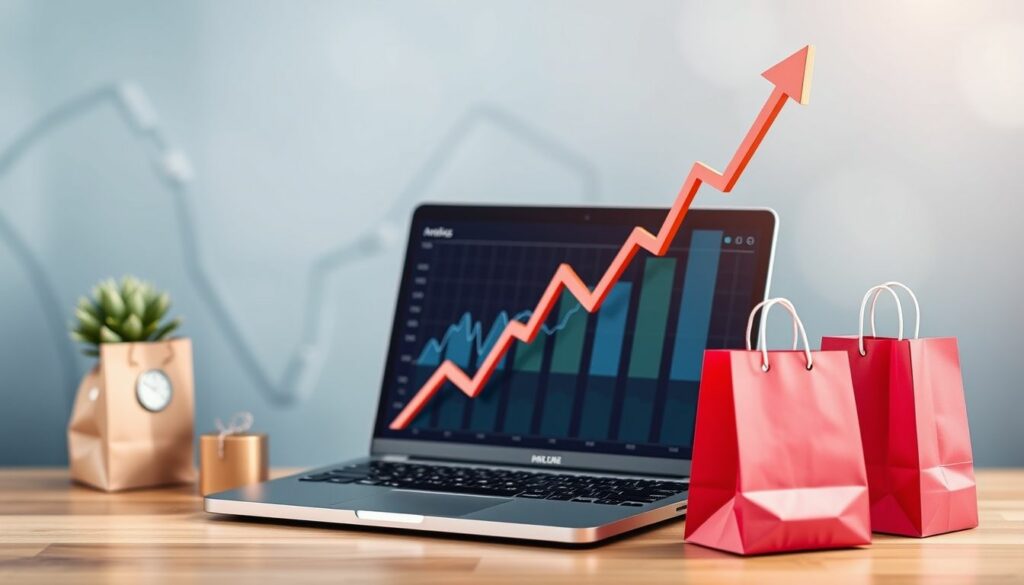 A laptop displaying upward-trending graphs on its screen, symbolising growth, sits on a wooden desk next to red shopping bags, representing successful ecommerce.