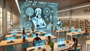 A futuristic classroom where humans are upskilling alongside AI-driven tools, highlighting the question 'Can AI Replace Humans?' by emphasizing the role of lifelong learning in adapting to an AI-driven world.