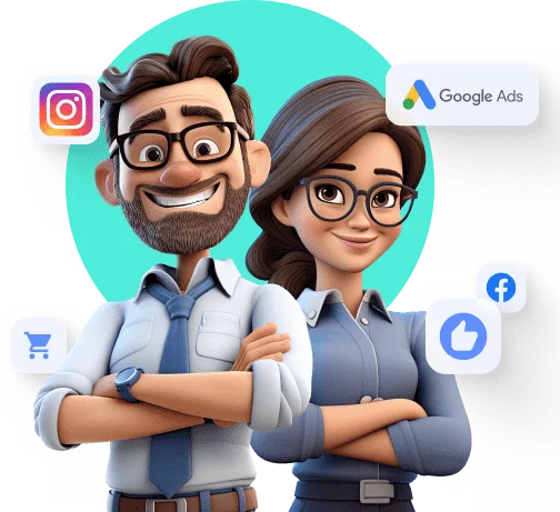 Two animated characters representing PPC Geeks team members, both smiling confidently with arms crossed. They are surrounded by icons for Google Ads, Facebook, Instagram, and eCommerce, highlighting their expertise in managing PPC campaigns across these platforms.