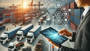 A logistics hub optimizing transportation routes to manage increased product costs, with vehicles being loaded and digital maps used to review routes for efficiency.