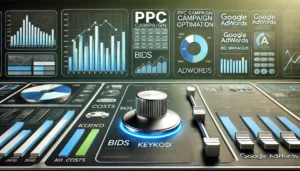 A detailed visual representing Expanded PPC FAQs with a digital dashboard displaying bid adjustments, costs, and keyword performance for optimising PPC campaigns.